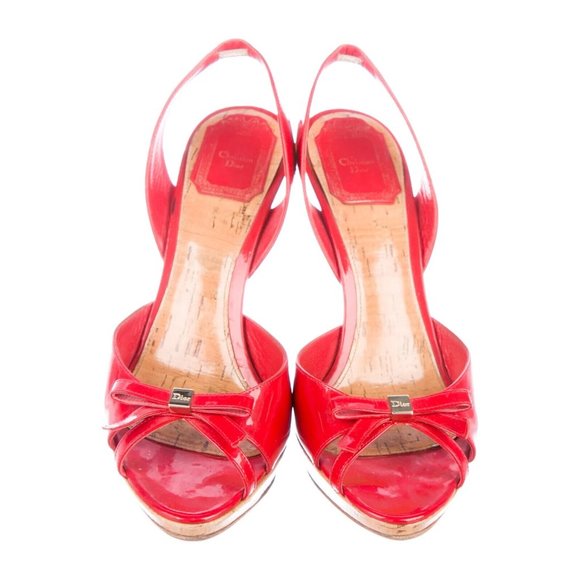 Chistian Dior Red Patent Leather Cork Stacked Heel Designer Slingbacks Sandals 8 - Picture 3 of 9
